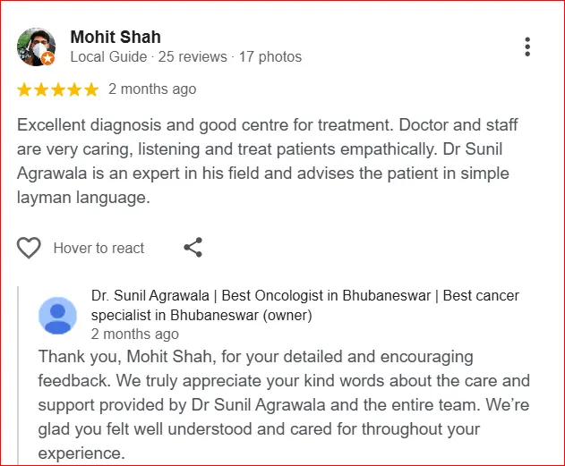 Screenshot of a Google review praising Dr. Sunil Agrawala and the clinic's caring treatment