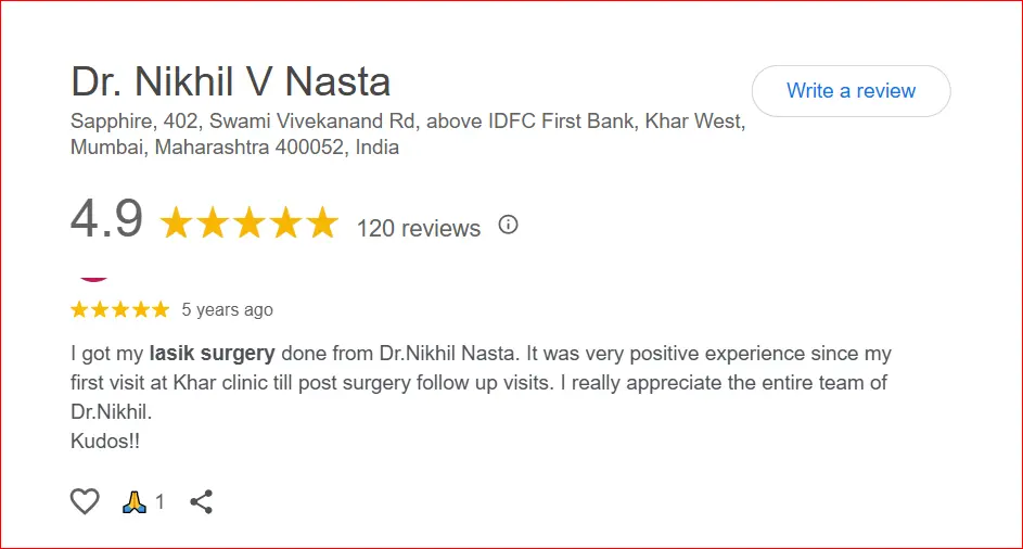 Patient review for Dr. Nikhil V Nasta highlighting a successful LASIK surgery experience in Mumbai