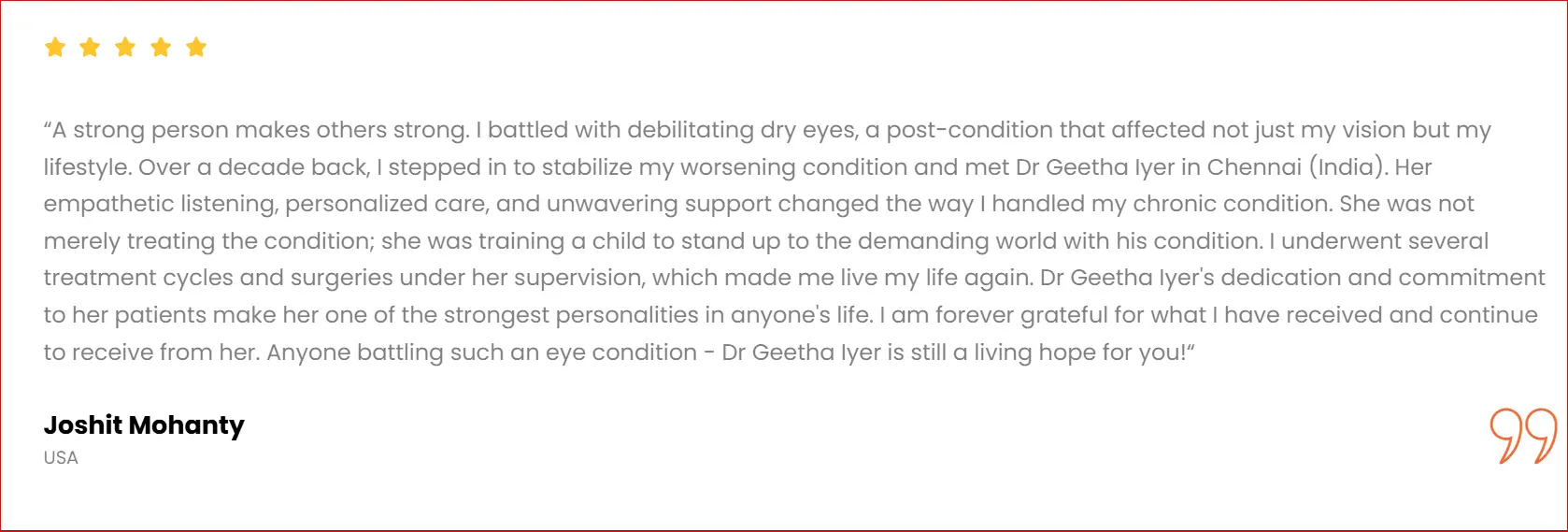 Patient testimonial for Dr Geetha Iyer by Joshit Mohanty