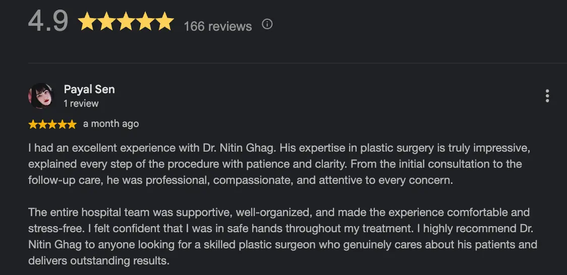 Google review for Dr Nitin Ghag praising his plastic surgery expertise, compassionate care, and professional treatment