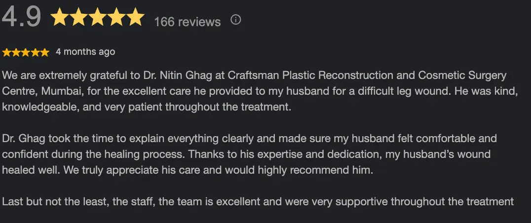 Google review for Dr. Nitin Ghag at Craftsman Plastic Reconstruction and Cosmetic Surgery Centre, Mumbai