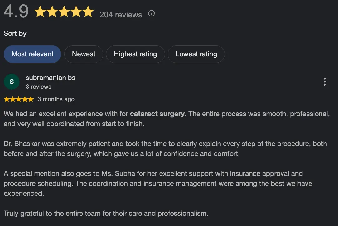 Google review praising the smooth and professional cataract surgery experience at CODE Eye Care