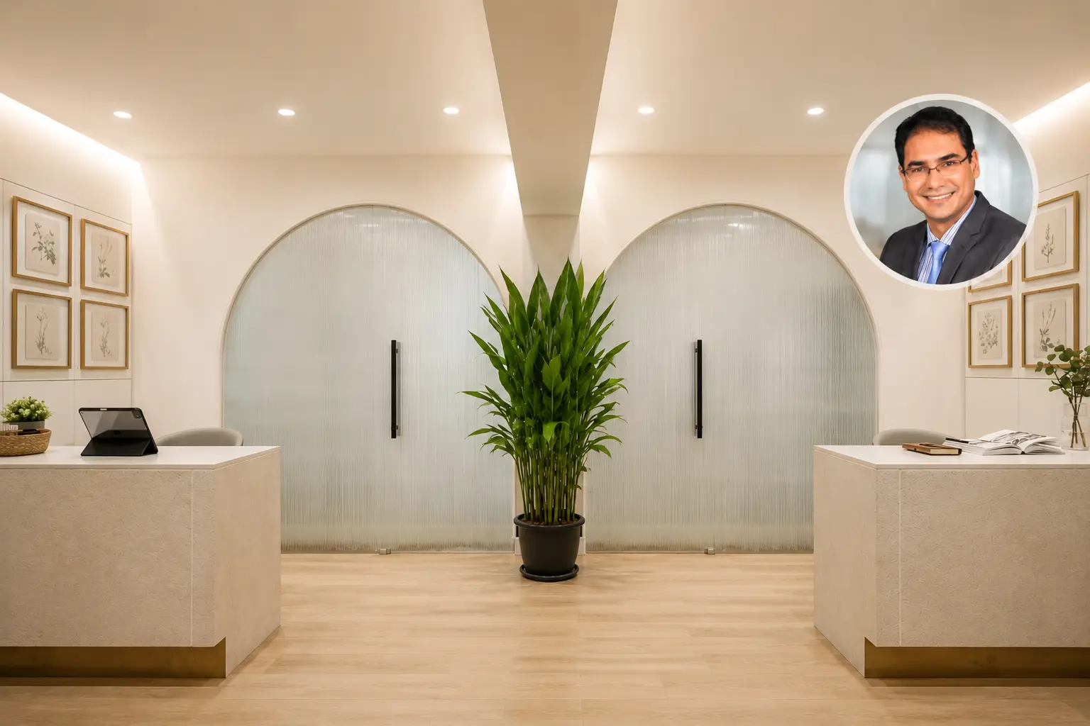 Modern plastic surgery clinic reception with a surgeon_s portrait