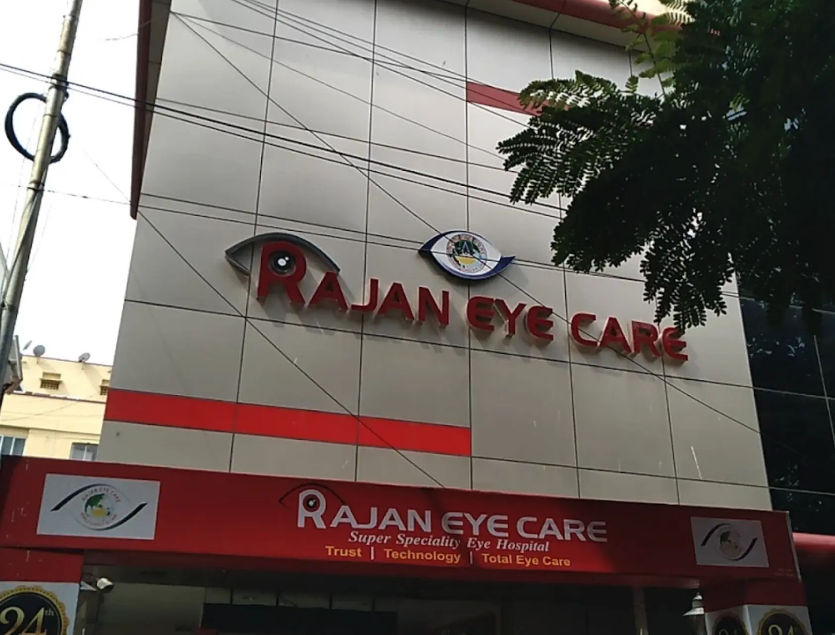 Rajan Eye Care Super Speciality Eye Hospital building exterior with signage