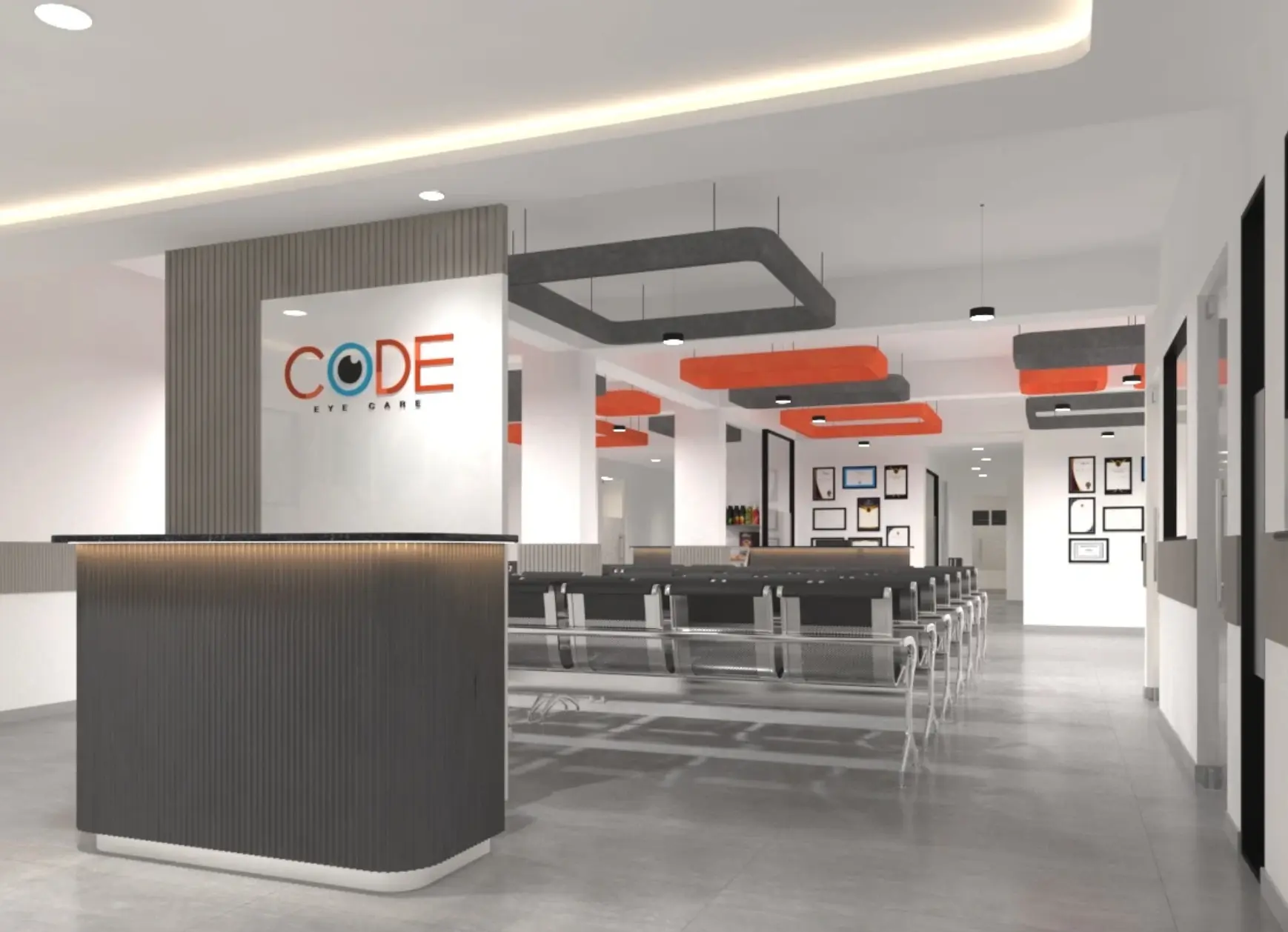 CODE Eye Care - best LASIK hospital in T. Nagar, Chennai- interior with reception desk, patient seating area, and modern eye care facility design