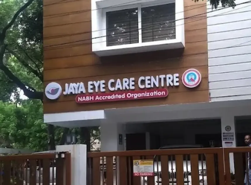 Jaya Eye Care Centre building exterior with NABH Accredited Organization signage