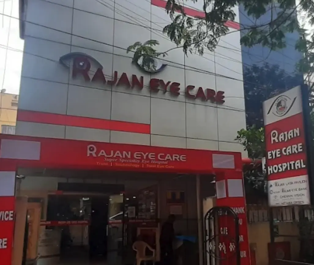 Rajan Eye Care Hospital building exterior with its red and white signage