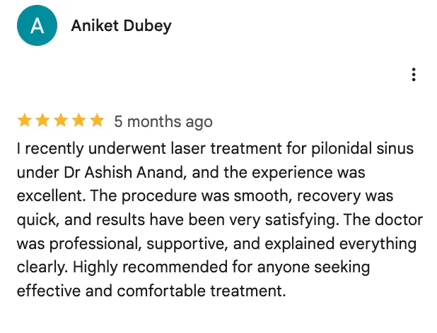 5-star Google review by Aniket Dubey on laser treatment for pilonidal sinus with Dr. Ashish Anand