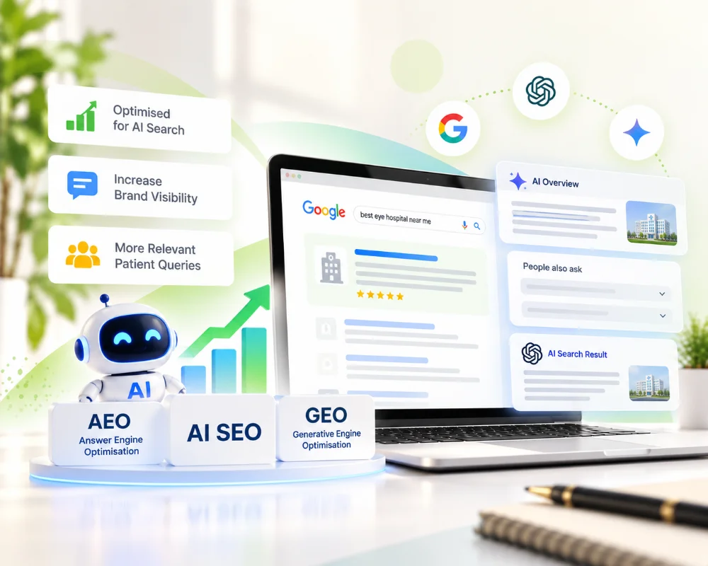 AI SEO illustration: a laptop showing a Google AI Overview, with AEO, AI SEO and GEO labels