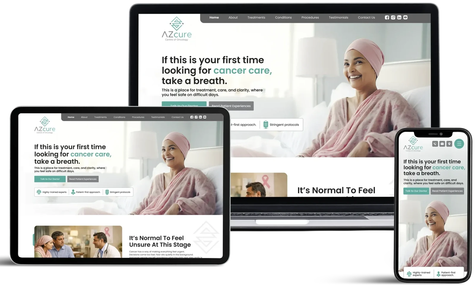 AZcure Centre of Oncology website by GrowthPixel shown on a laptop, a tablet and a phone