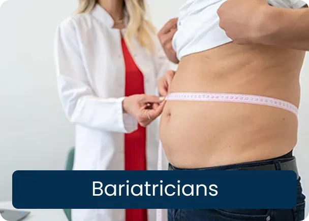 Bariatricians: a doctor in a white coat measuring a patient’s waist with a tape measure