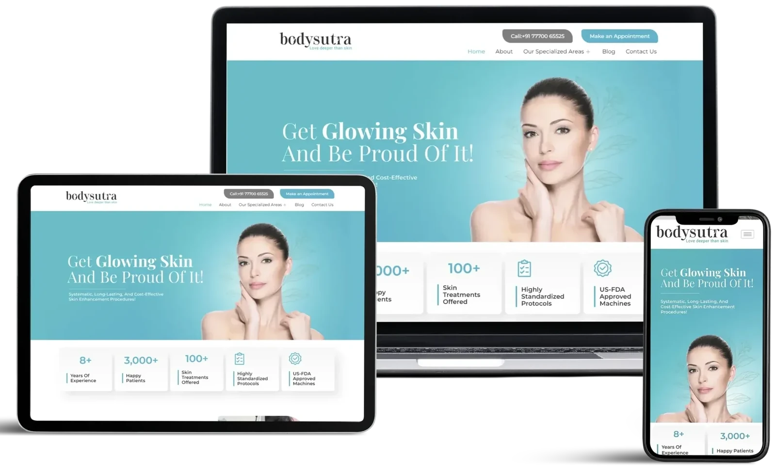 Bodysutra website by GrowthPixel shown on a laptop, a tablet and a phone