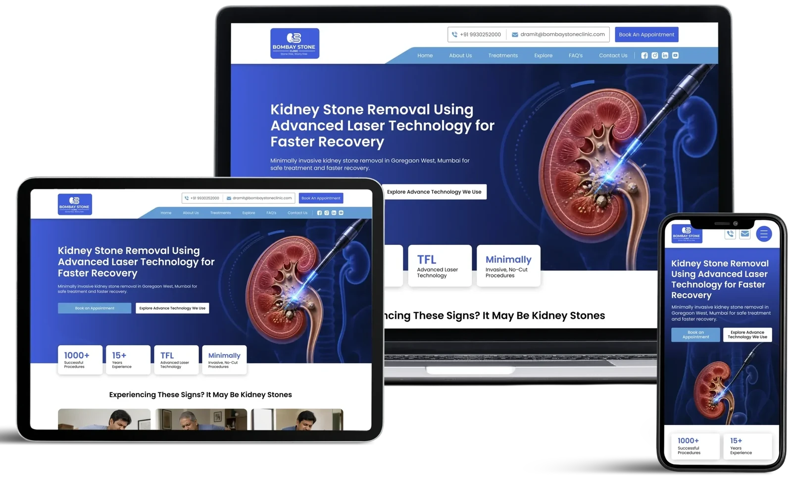 Bombay Stone Clinic website by GrowthPixel shown on a laptop, a tablet and a phone