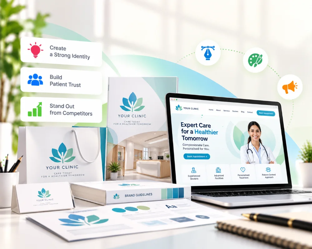 Branding illustration: a clinic logo, stationery and website shown on a laptop
