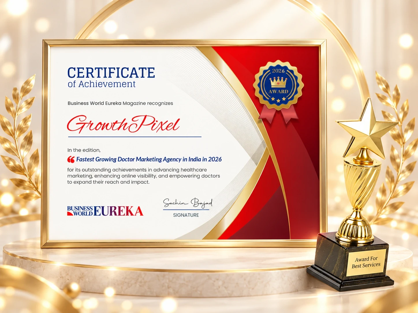 Business World Eureka certificate of achievement 2026 with trophy