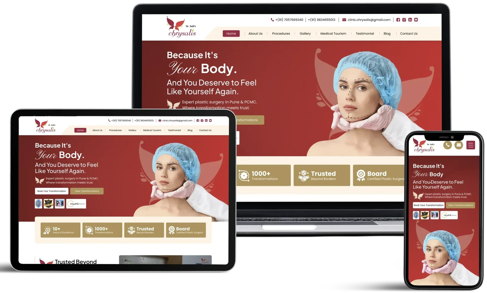 Chrysalis, Dr Salil website by GrowthPixel shown on a laptop, a tablet and a phone