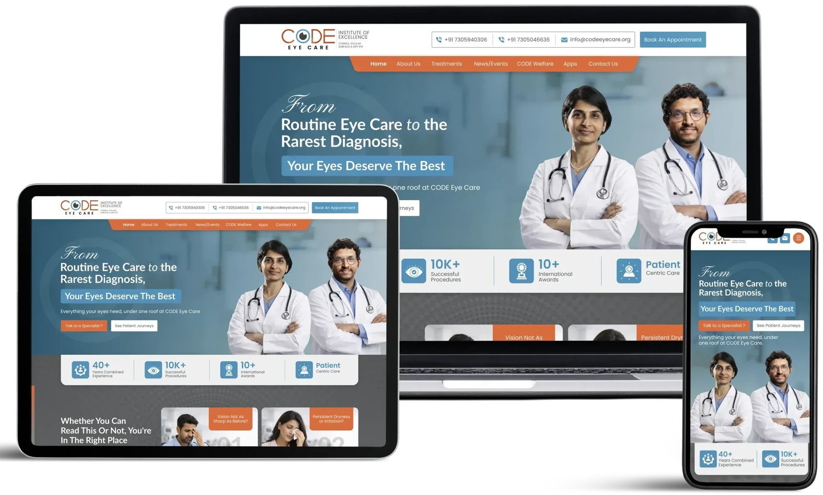 CODE Eye Care website by GrowthPixel shown on a laptop, a tablet and a phone