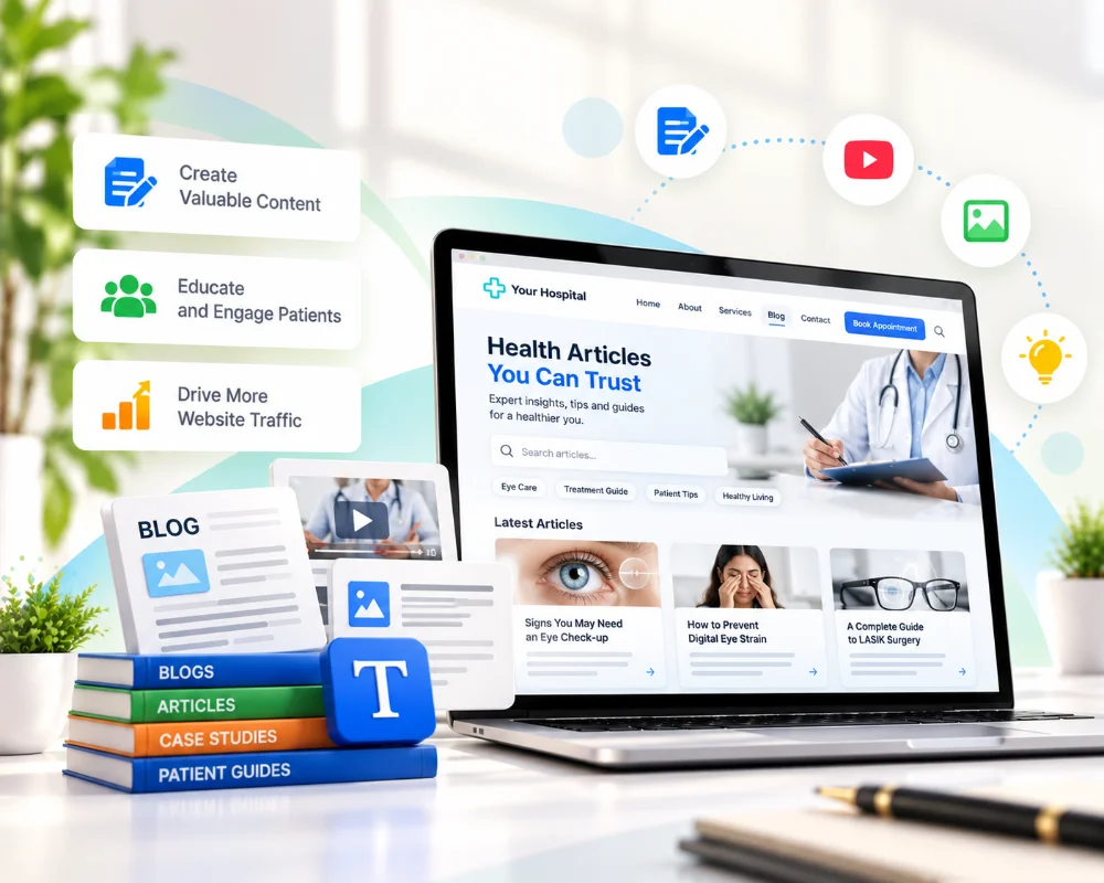 Content marketing illustration: health articles on a laptop beside a stack of blogs, articles and patient guides