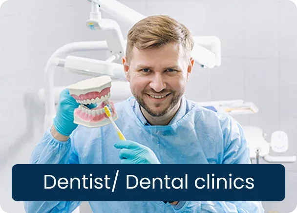 Dentist, Dental clinics: a smiling dentist in scrubs holding a model of teeth and a toothbrush
