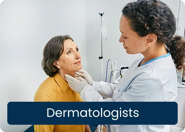 Dermatologists: a doctor in gloves examining a woman’s neck in a clinic