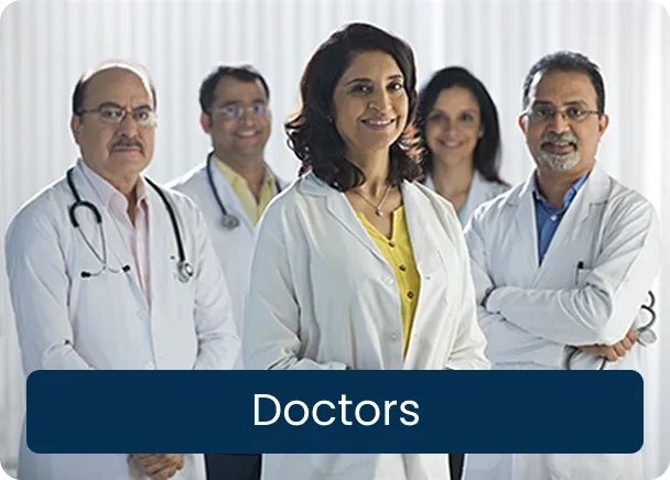 Doctors: a smiling group of five doctors in white coats, with a woman standing at the front