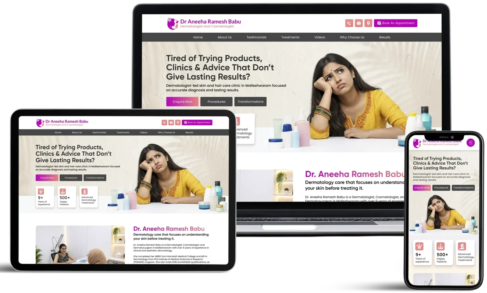 Dr Aneeha Ramesh Babu website by GrowthPixel shown on a laptop, a tablet and a phone