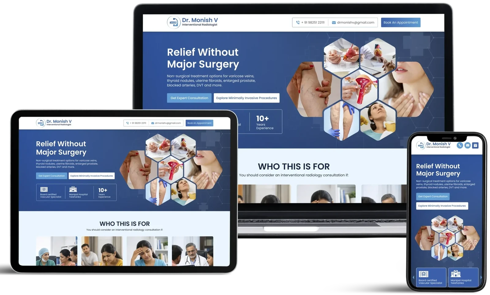 Dr Monish V website by GrowthPixel shown on a laptop, a tablet and a phone