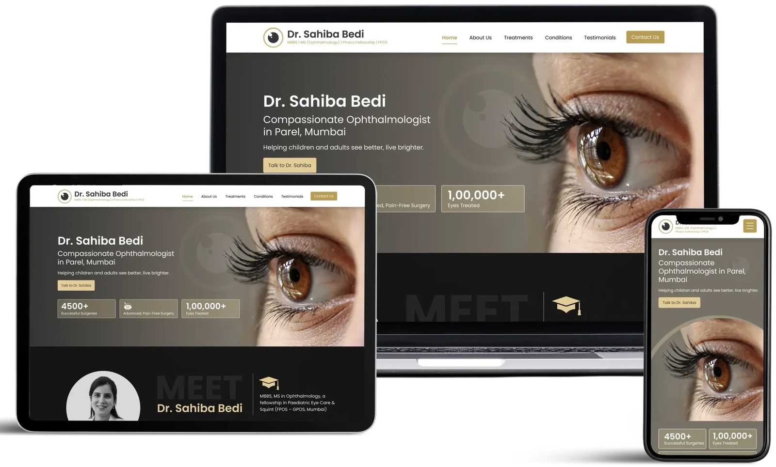Dr Sahiba Bedi website by GrowthPixel shown on a laptop, a tablet and a phone