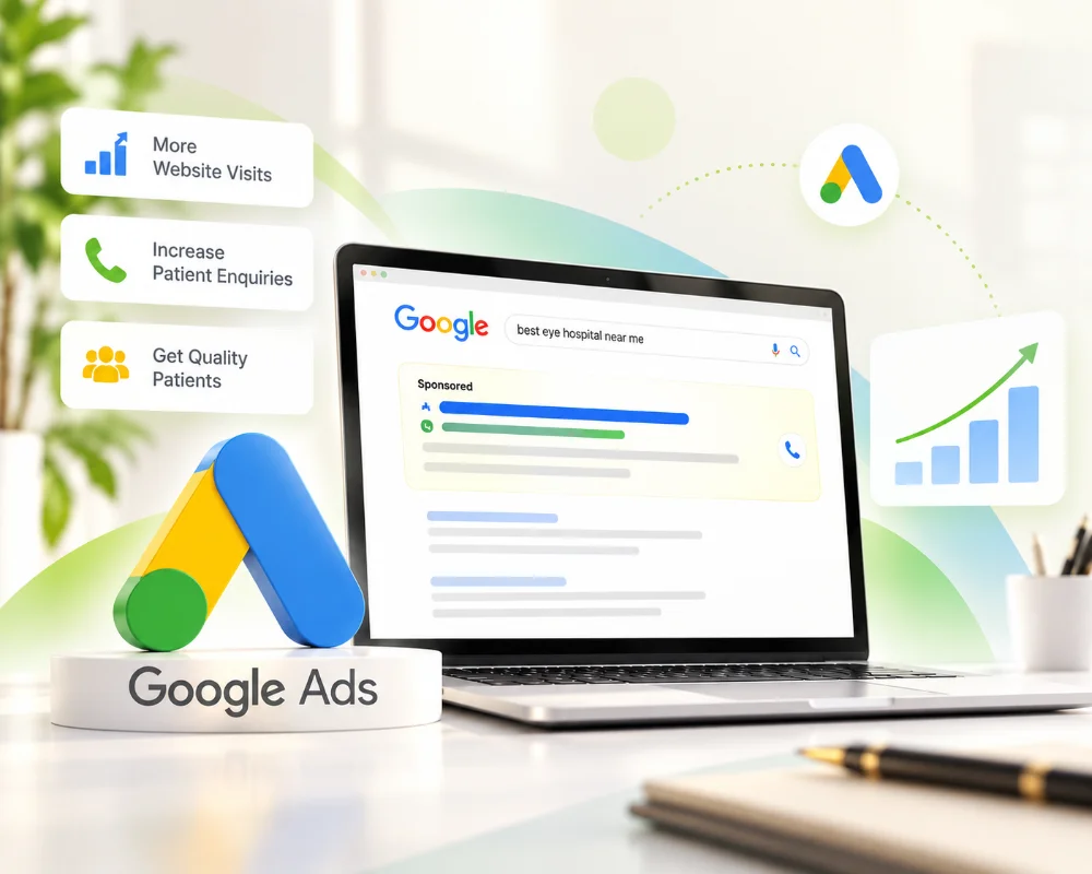 Google Ads illustration: a laptop showing a Google search ad, with the Google Ads logo and a growth chart