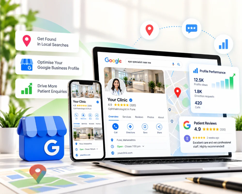 Google Business Profile illustration: a laptop and phone showing a clinic's Google profile and reviews