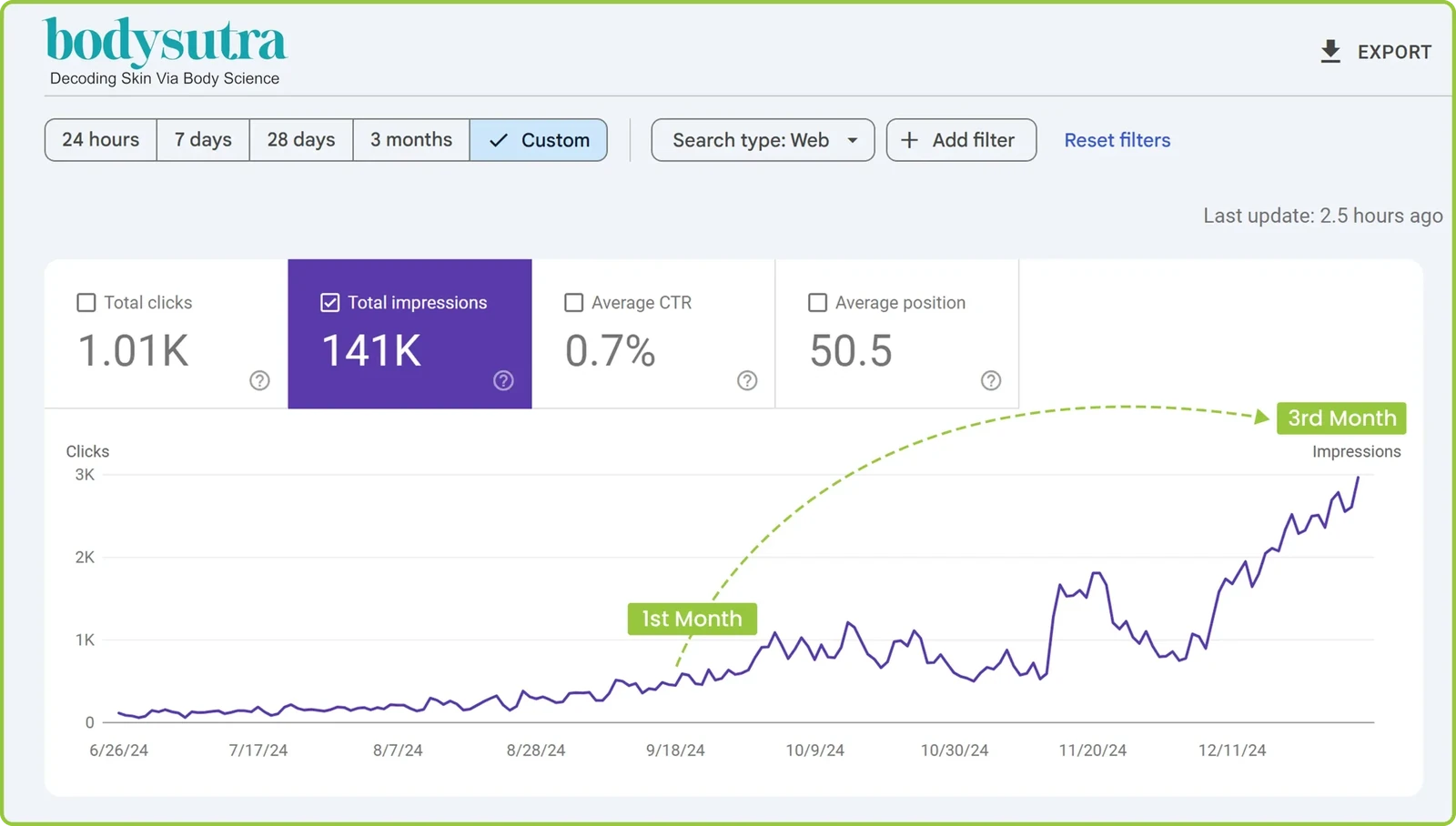 Google Search Console for Bodysutra: 141K impressions and 1.01K clicks, June to December 2024