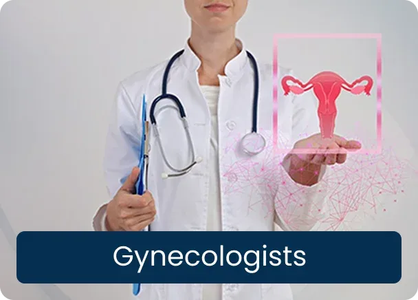 Gynecologists: a doctor with a stethoscope and clipboard holding a glowing graphic of a uterus