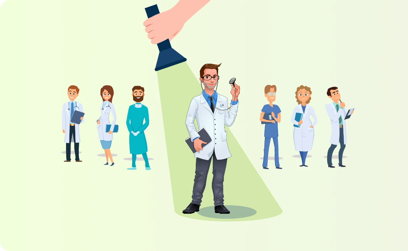 A hand shining a torch on one doctor standing out from a group of doctors
