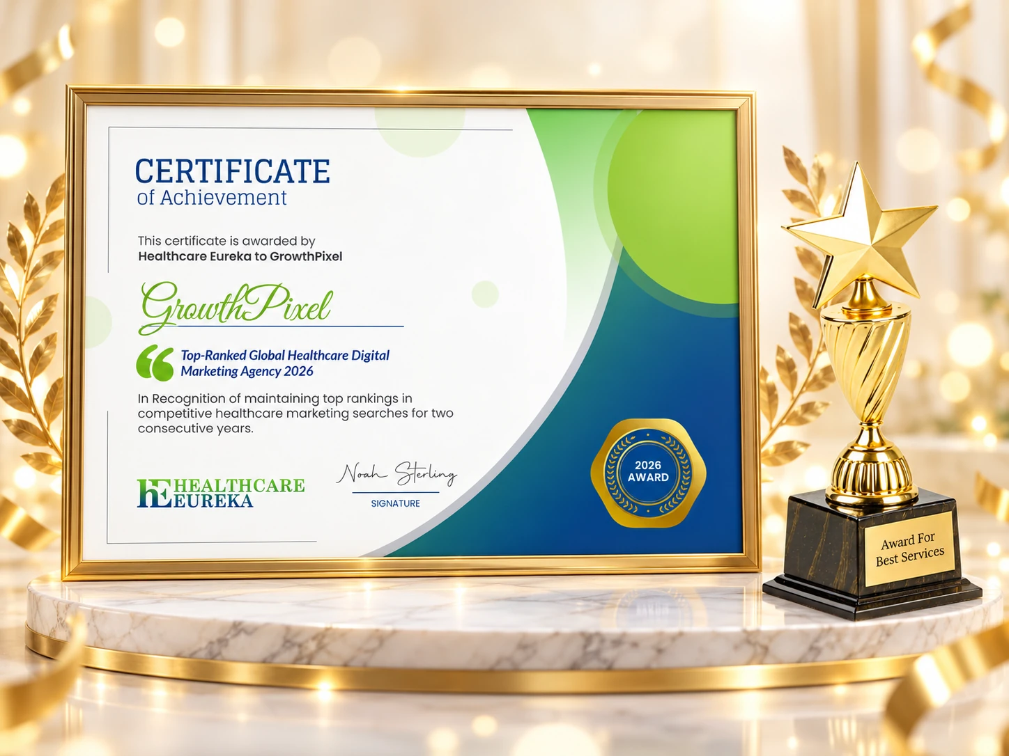 Healthcare Eureka certificate of achievement 2026 with trophy