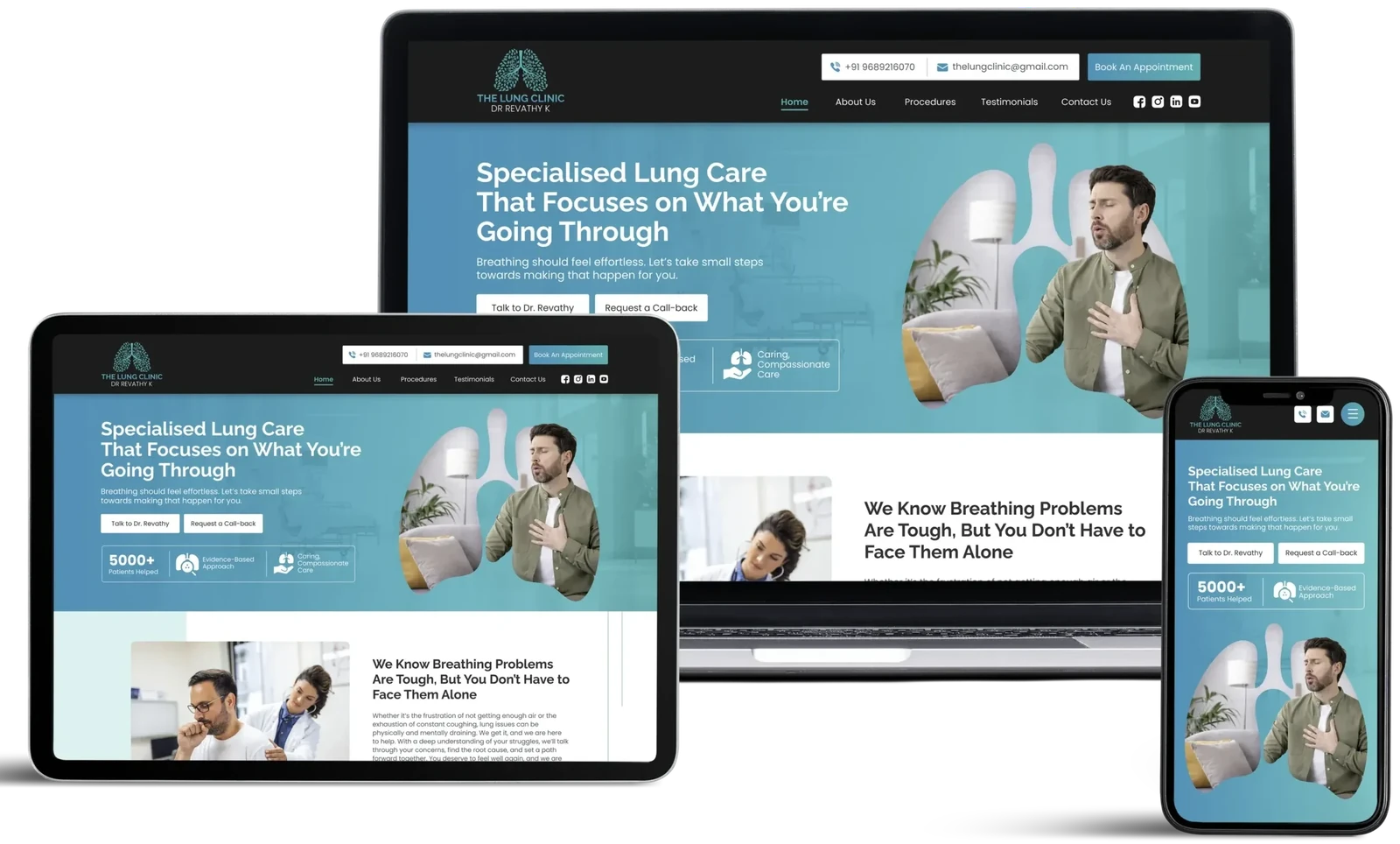The Lung Clinic, Dr Revathy K website by GrowthPixel shown on a laptop, a tablet and a phone