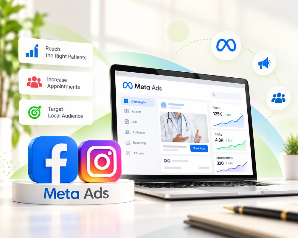 Meta Ads illustration: a laptop showing Meta Ads Manager, with Facebook and Instagram logos