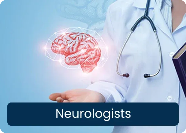 Neurologists: a doctor with a stethoscope holding out a hand beneath a glowing model of a brain