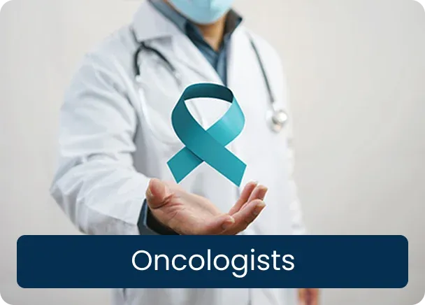 Oncologists: a doctor in a white coat and mask holding out a hand beneath a teal awareness ribbon