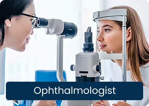 Ophthalmologist: a doctor examining a young woman’s eyes with a slit lamp microscope