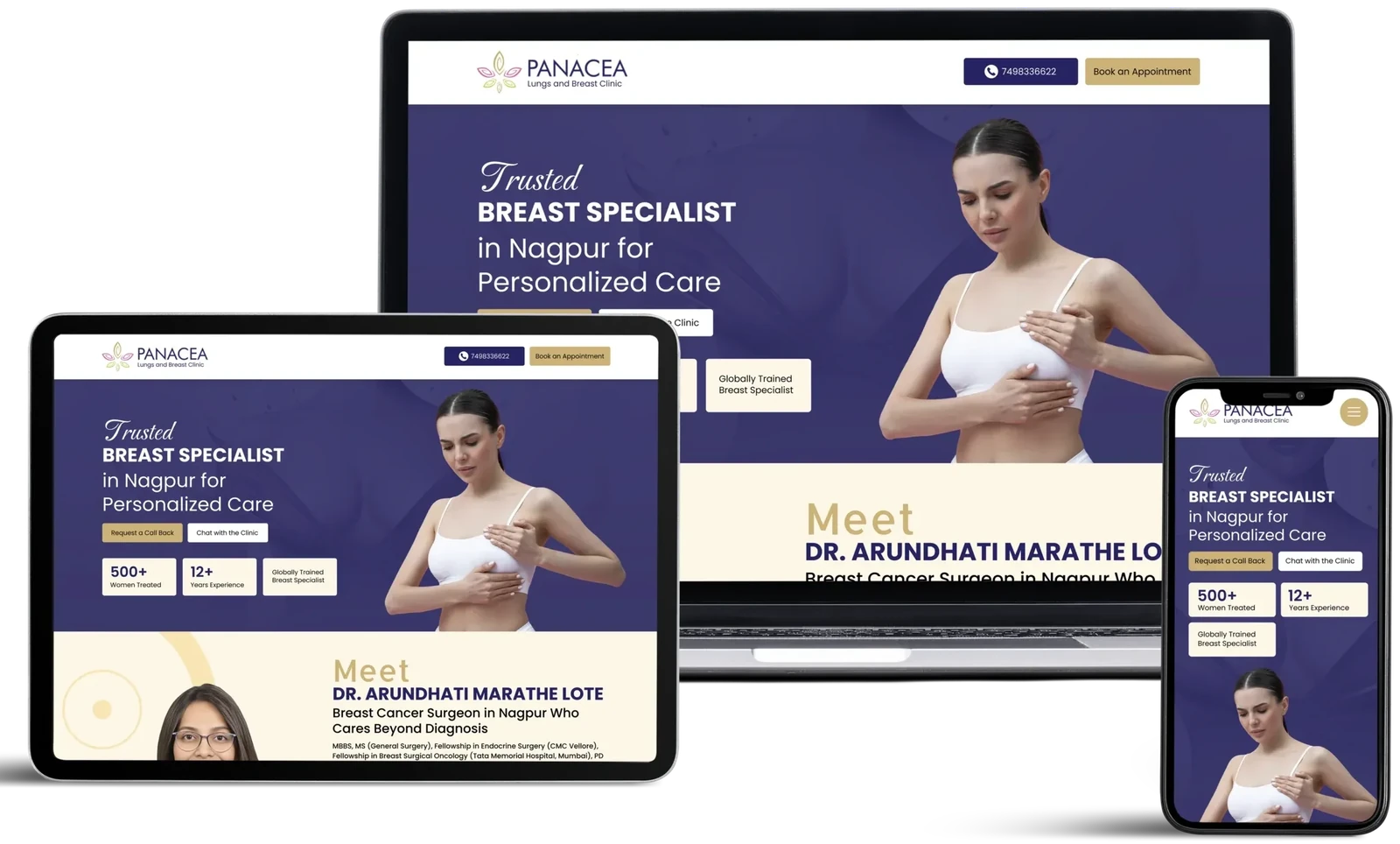 Panacea Lungs and Breast Clinic website by GrowthPixel shown on a laptop, a tablet and a phone