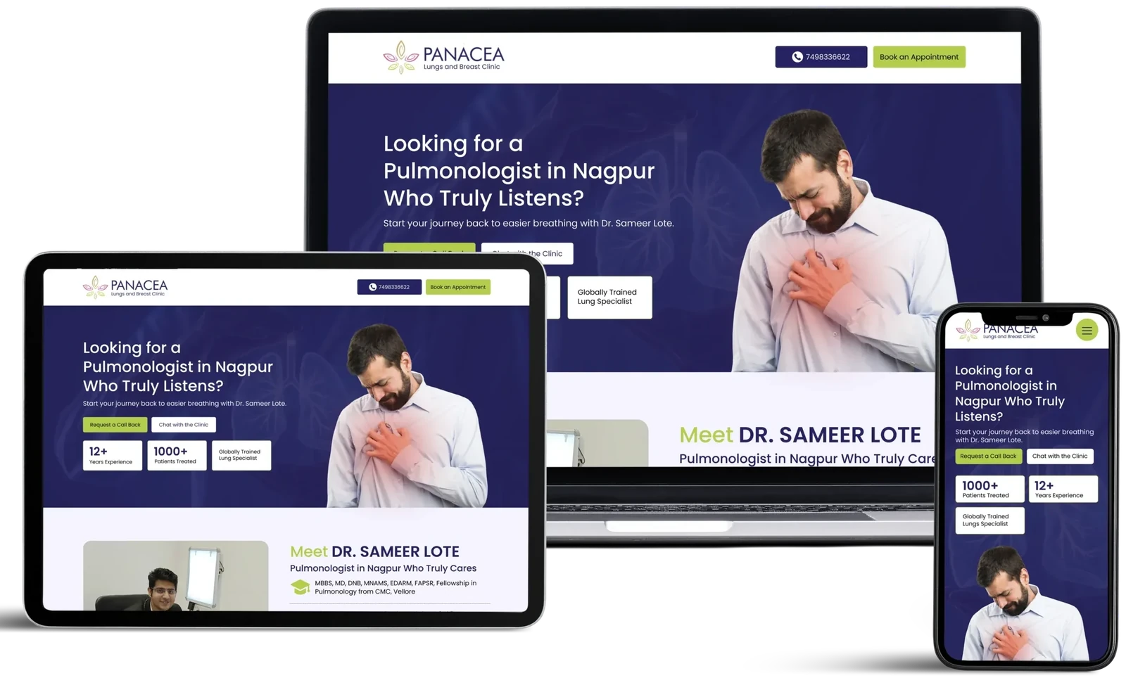 Panacea Lungs and Breast Clinic website by GrowthPixel shown on a laptop, a tablet and a phone
