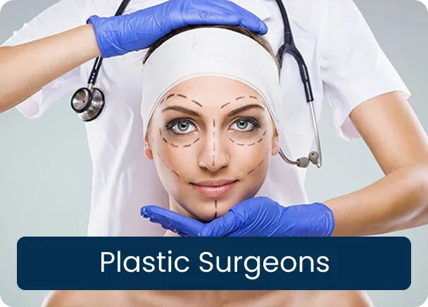 Plastic Surgeons: gloved hands holding a woman’s face with dashed surgical guide lines drawn on it