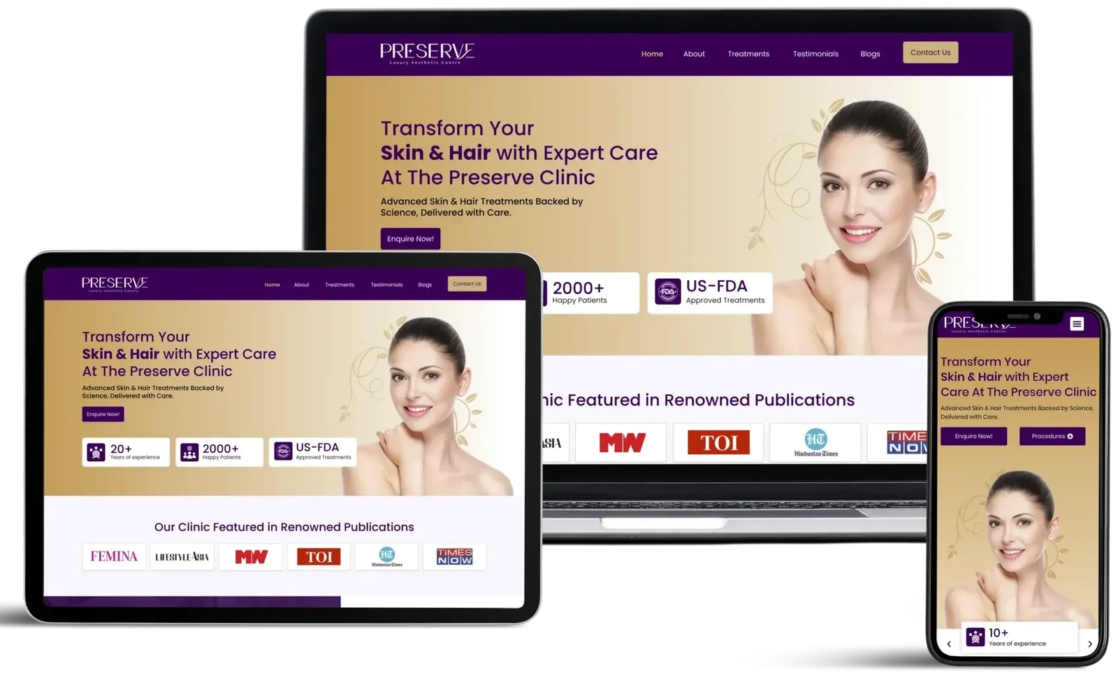 Preserve Luxury Aesthetic Centre website by GrowthPixel shown on a laptop, a tablet and a phone