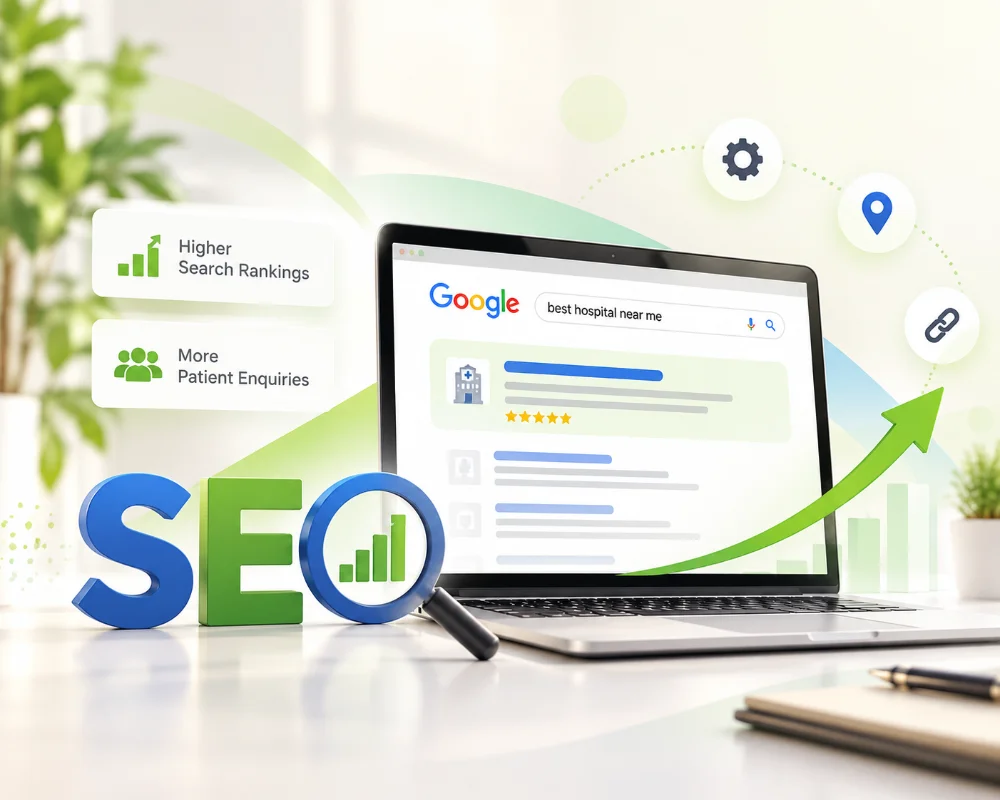 SEO illustration: a laptop showing Google results, with an SEO badge and a rising ranking chart
