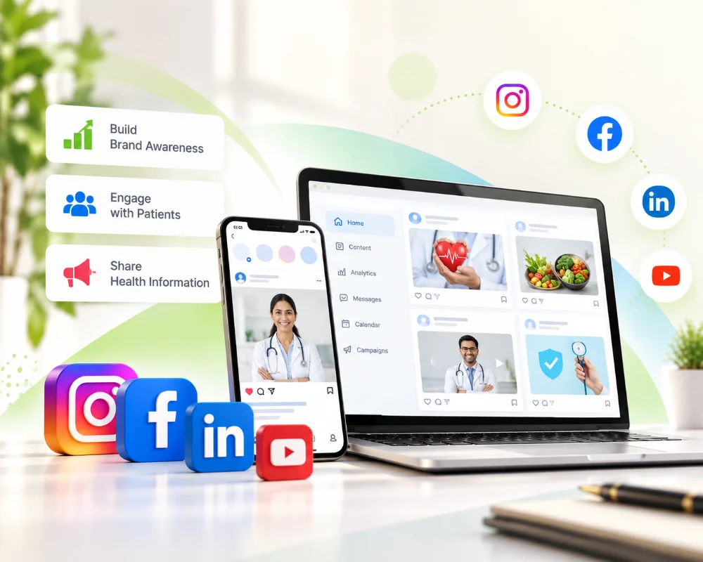 Social media illustration: clinic posts on a laptop and phone, with Instagram, Facebook, LinkedIn and YouTube icons