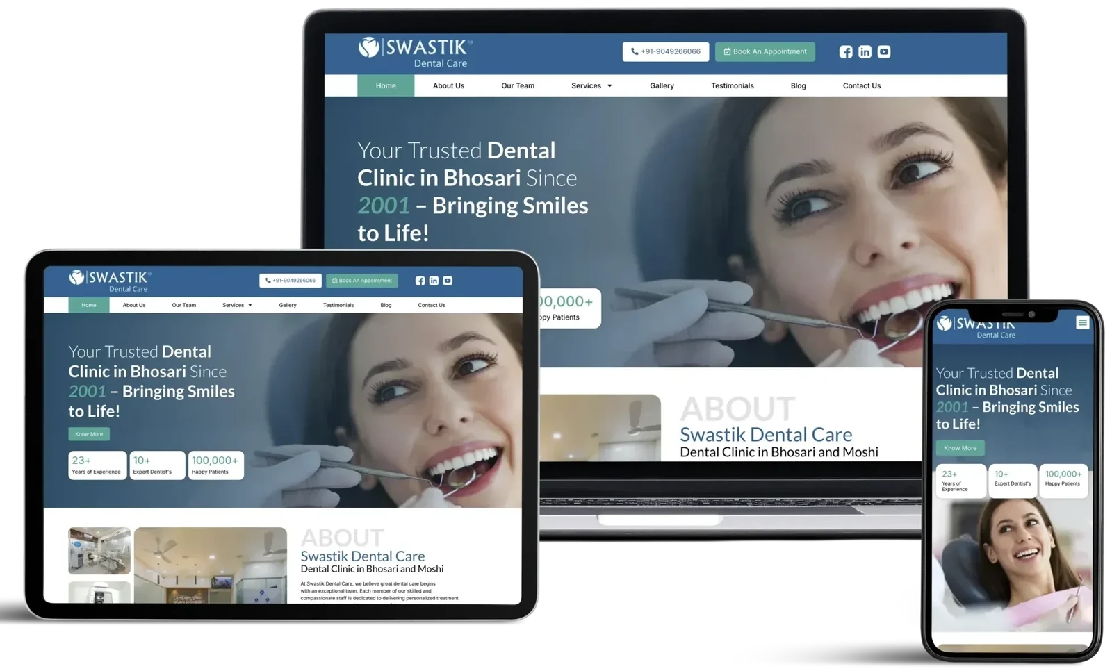 Swastik Dental Care website by GrowthPixel shown on a laptop, a tablet and a phone