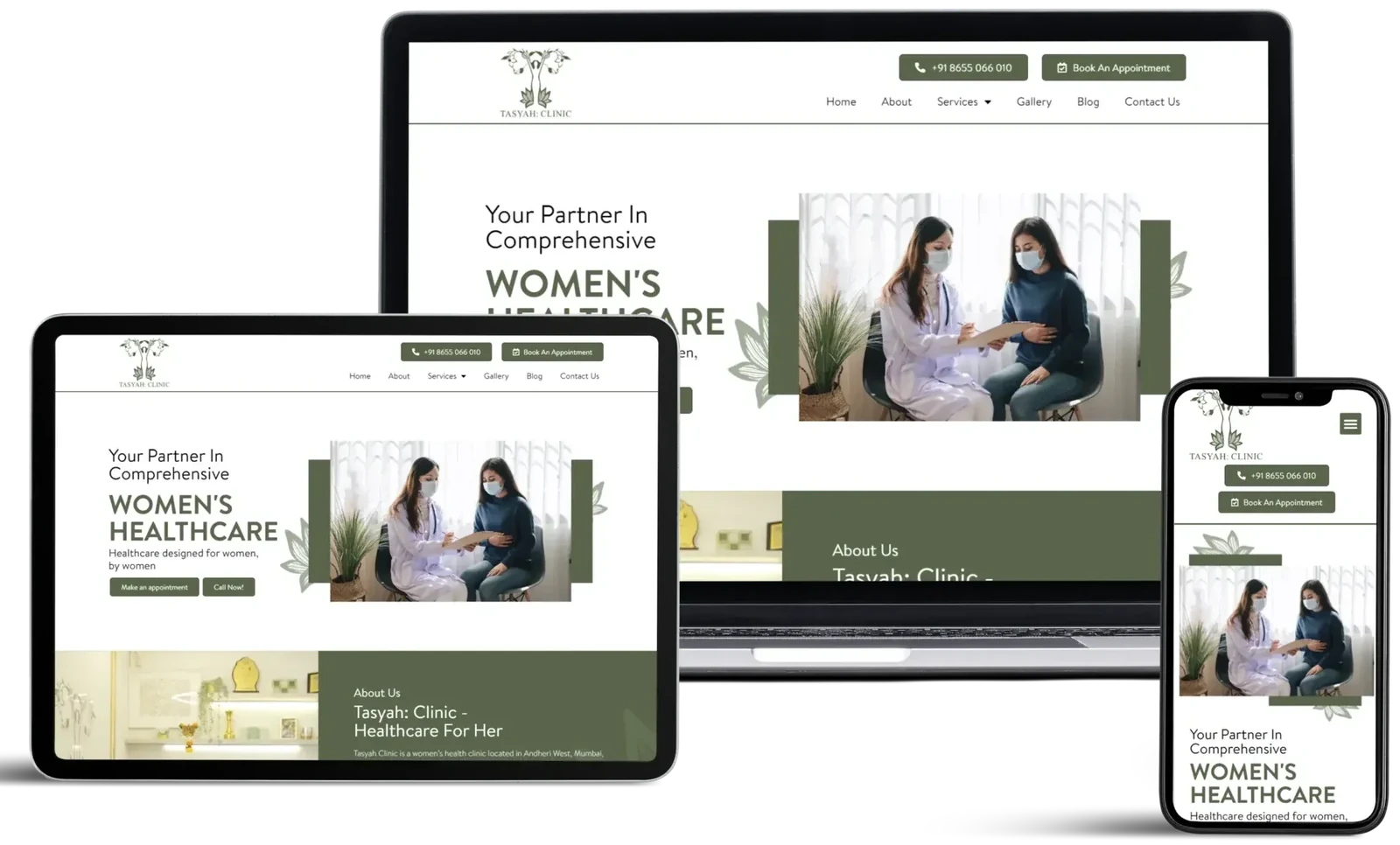 Tasyah Clinic website by GrowthPixel shown on a laptop, a tablet and a phone