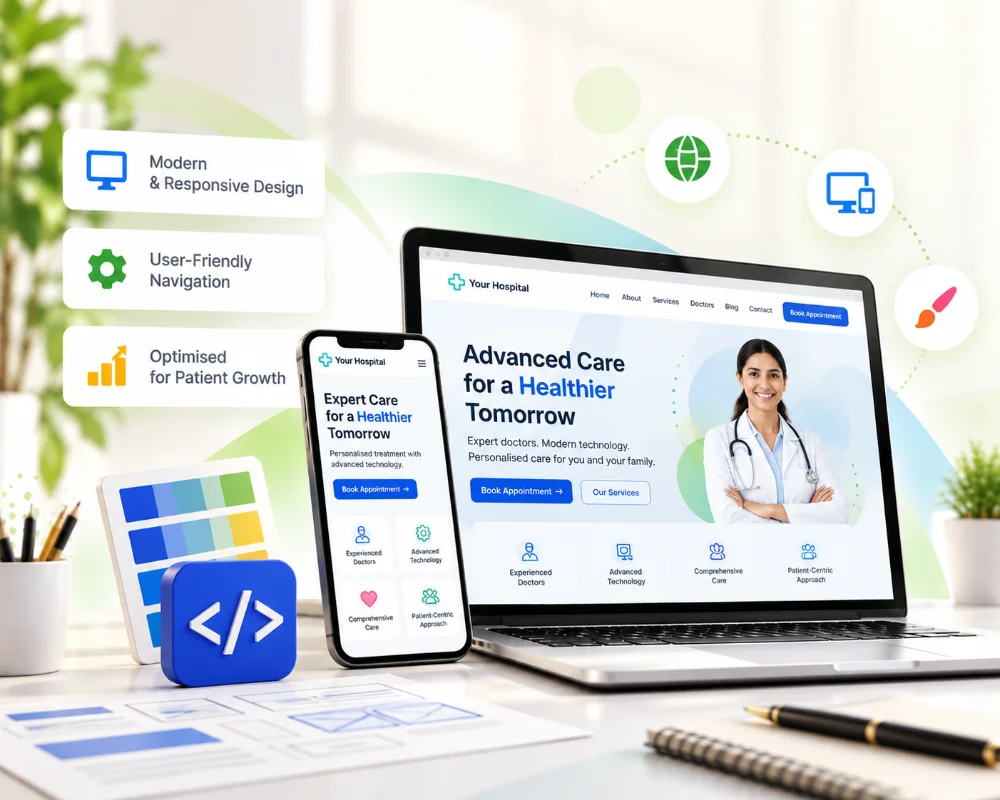 Website design illustration: a clinic website on a laptop and a phone, with design tools