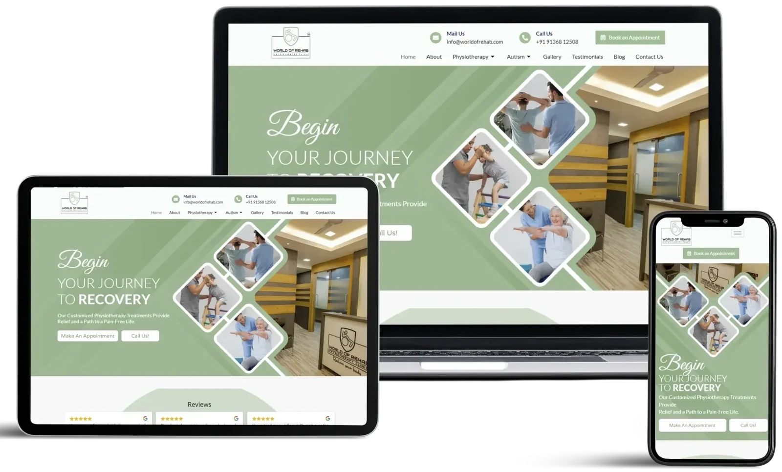 World of Rehab website by GrowthPixel shown on a laptop, a tablet and a phone