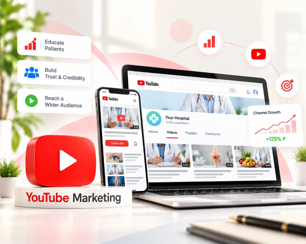 YouTube marketing illustration: a clinic's YouTube channel on a laptop and phone, with the YouTube logo
